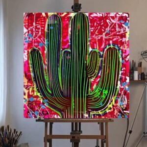 20c Mixed Media Collage Cactus Canvas 36”x36 Ready to Hang