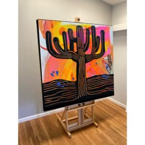 22c Mixed Media MCM Cactus Canvas 36”x36 Ready to Hang
