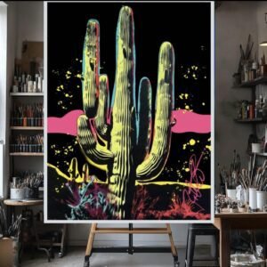 48” Saguaro Black Neon Painting Ships Stretched