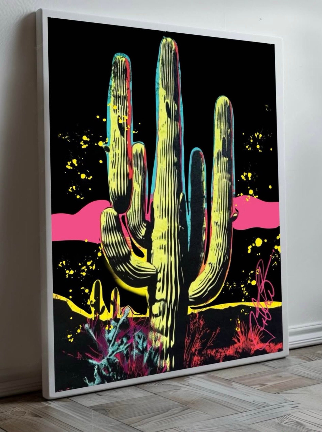 48” Saguaro Black Neon Painting - Ships Stretched - Image 4